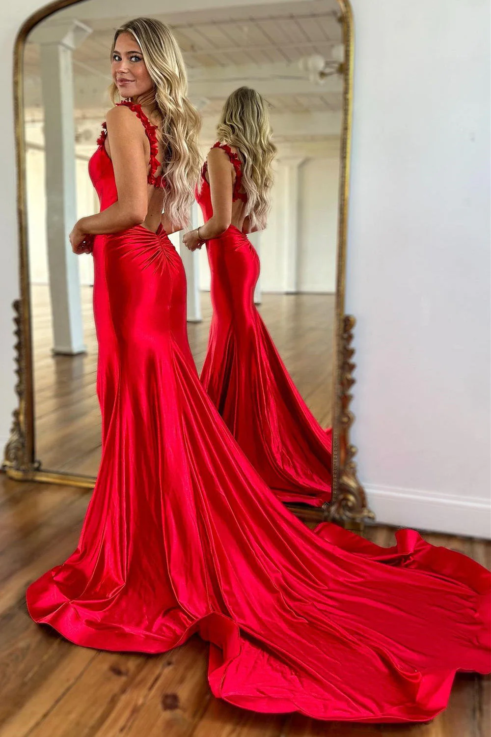 Red Satin Mermaid Prom Dress with Floral Strap Detailing and High Leg Slit - Image 9