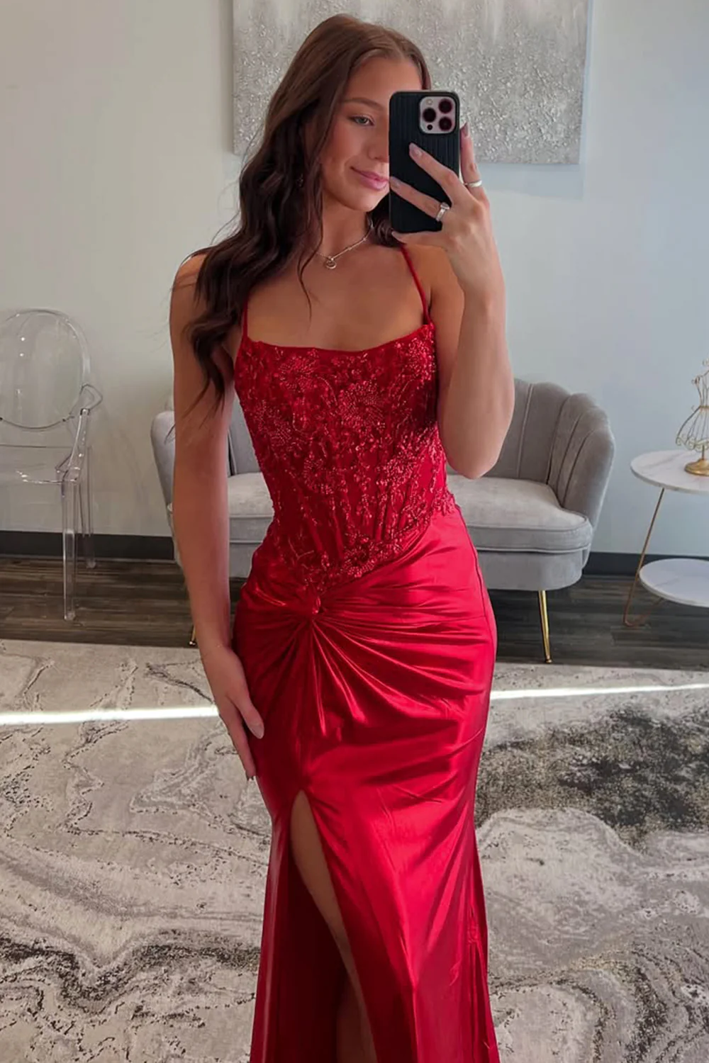 Red Spaghetti Strap Prom Dress with Lace Bodice and Crisscross Open Back - Image 3
