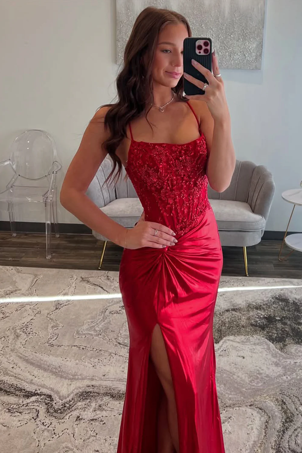 Red Spaghetti Strap Prom Dress with Lace Bodice and Crisscross Open Back - Image 5