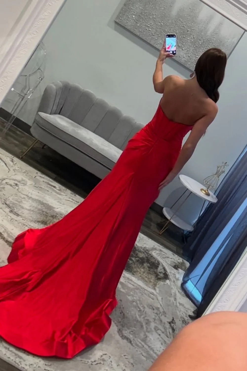 Red Strapless Bow Front Long Mermaid Prom Dress with High Slit - Image 2