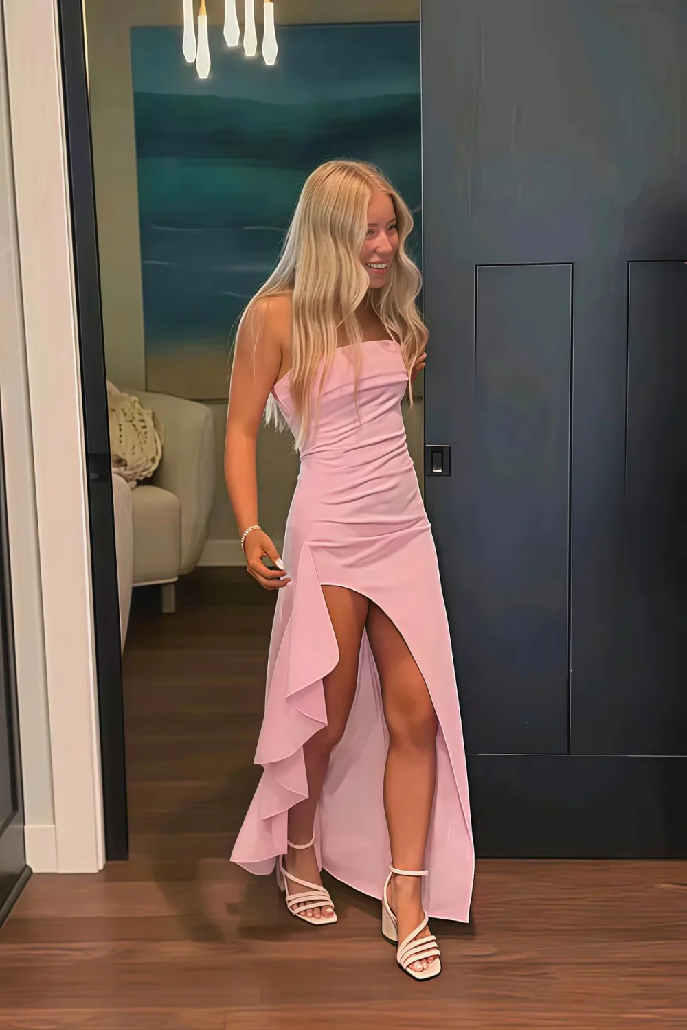 Red Strapless Ruched Strapless Long Mermaid Prom Dress with High Slit - Image 15