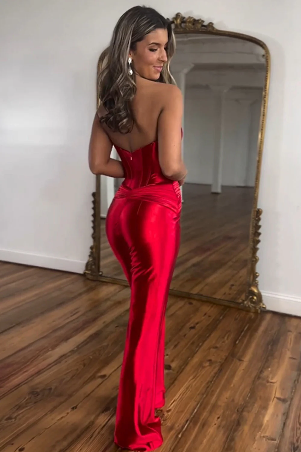 Red Sweetheart Strap Metallic Long Prom Jumpsuit with Corset Bodice - Image 2