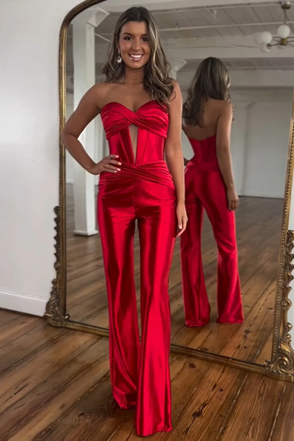 Red Sweetheart Strap Metallic Long Prom Jumpsuit with Corset Bodice - Image 3