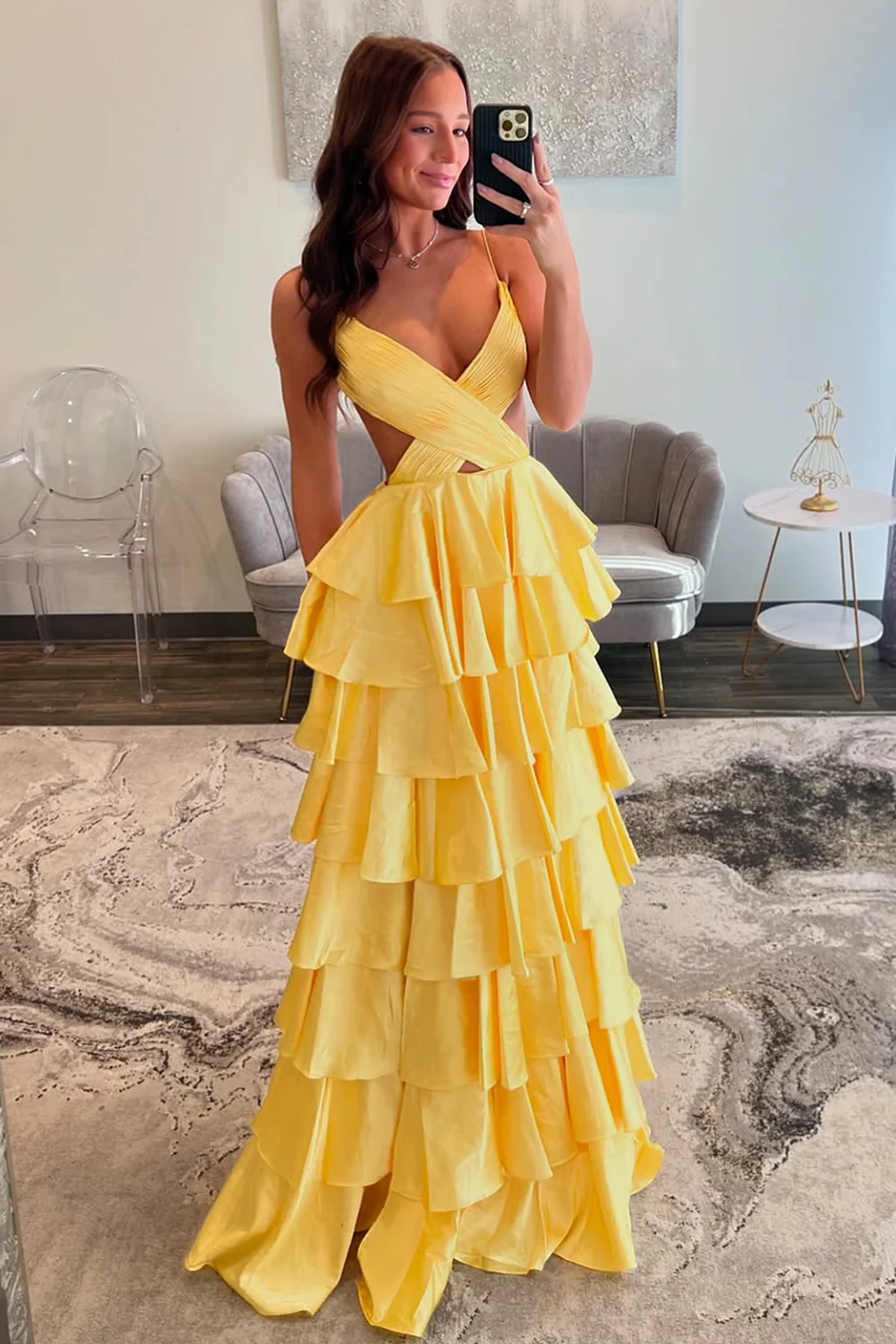 Red Tiered Ruffle A-Line Satin Prom Dress with Deep V-Neck & Cutout Waist - Image 6