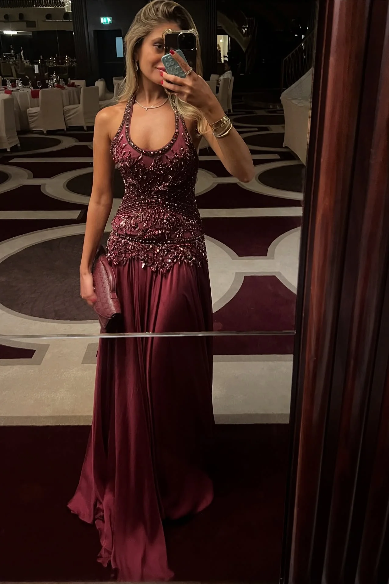 Romantic A Line Halter Neck Burgundy Long Prom Dress with Appliques Beading - Image 7