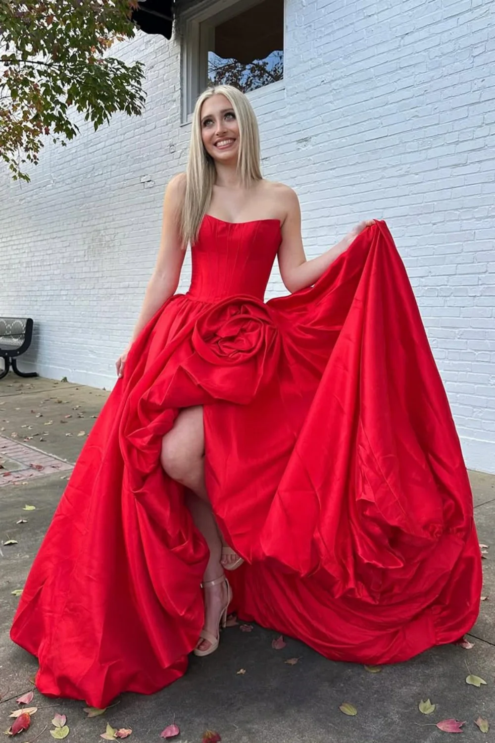 Romantic A-Line Rose-Embellished Strapless Satin Prom Gown - Image 6