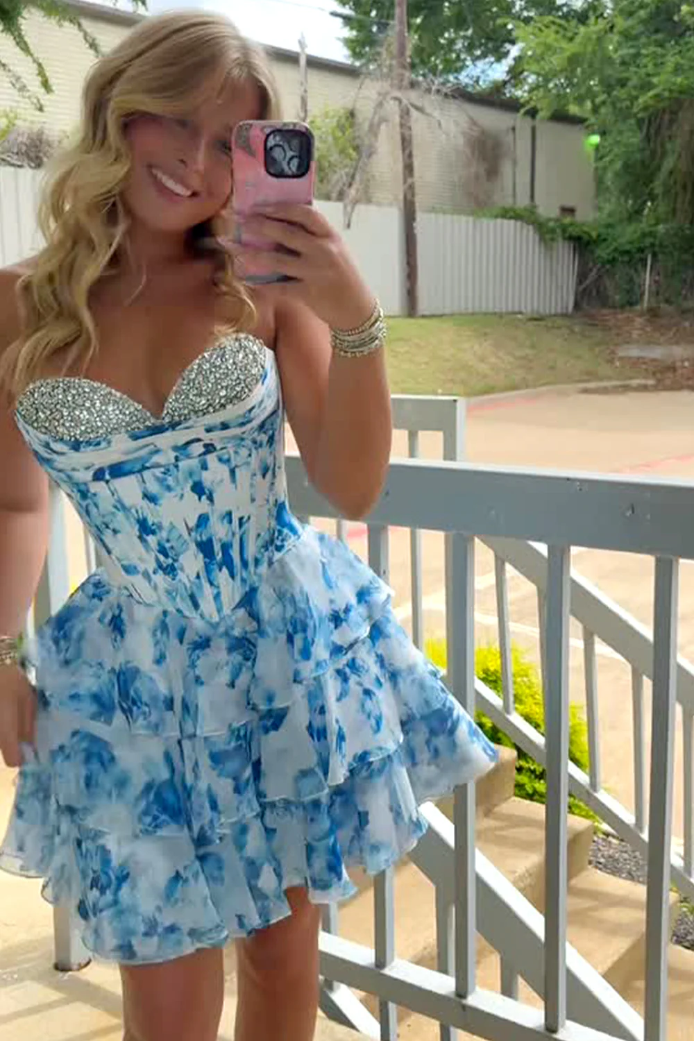 Romantic A-Line Sweetheart Tiered Print Chiffon Homecoming Dress with Beading - Image 4