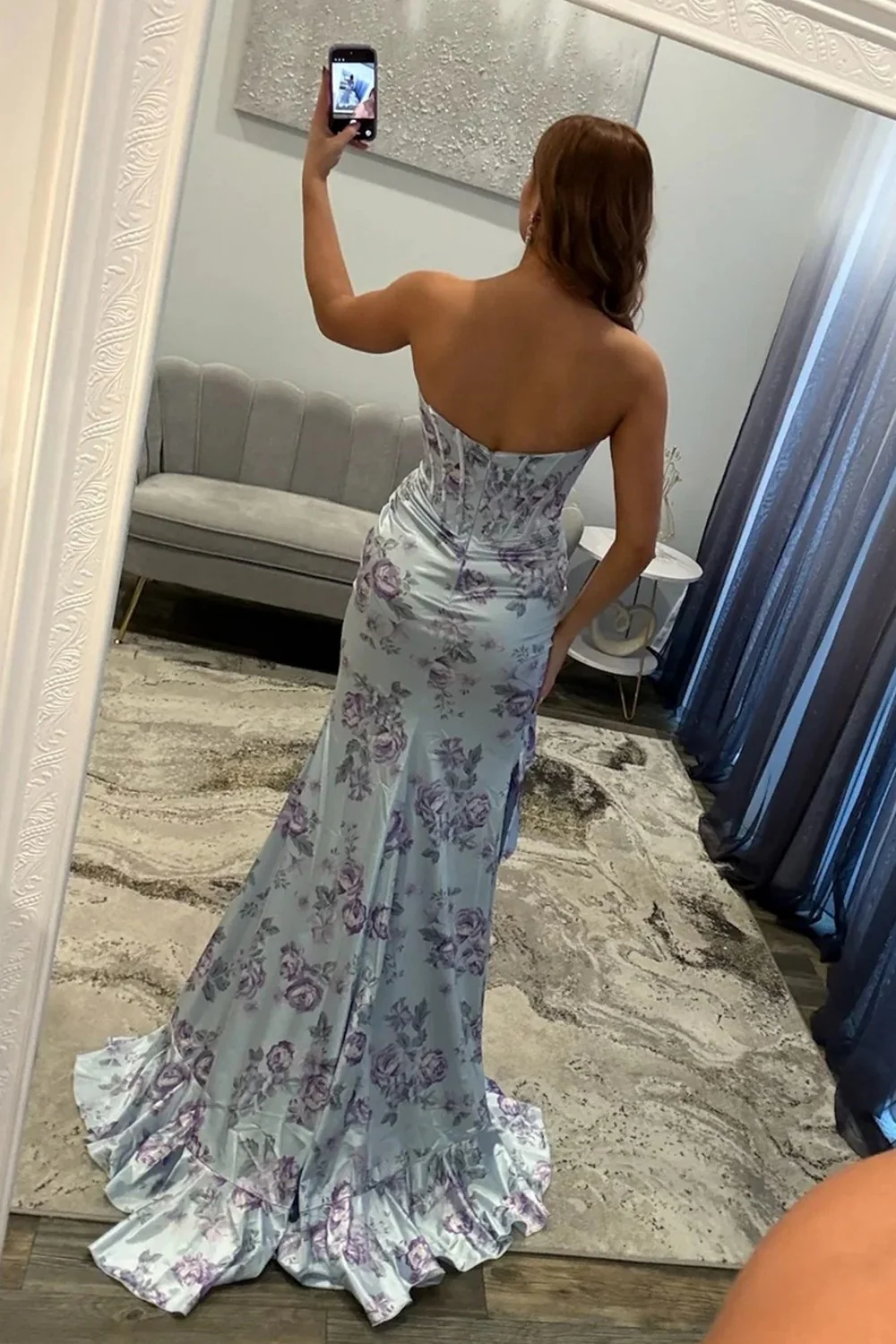 Romantic Blue Floral Sweetheart Corset Prom Gown With Ruffle Slit - Image 2