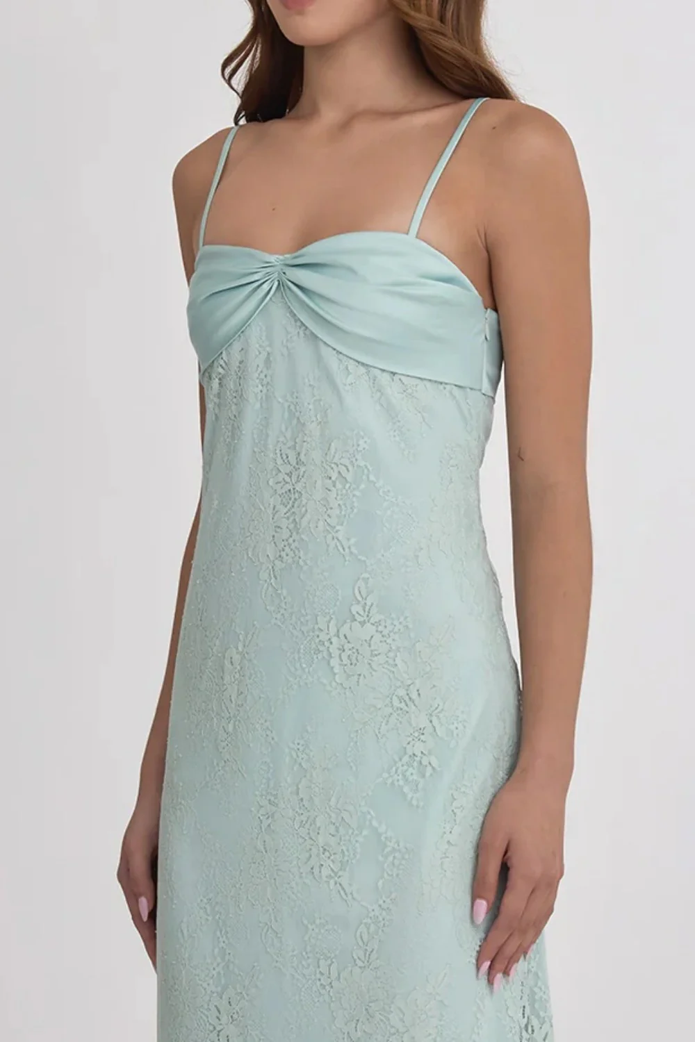 Romantic Blush Pink Lace Spaghetti Straps Prom Dress with Ruched Bodice - Image 10