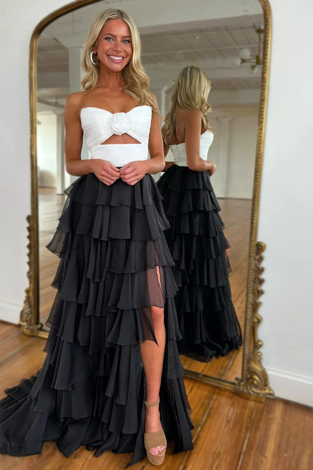 Lovely Pink Strapless A-Line  Long Ruffle Chiffon Skirt Prom Dress with Slit - Image 13