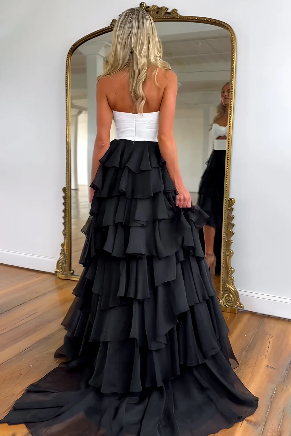 Lovely Pink Strapless A-Line  Long Ruffle Chiffon Skirt Prom Dress with Slit - Image 14