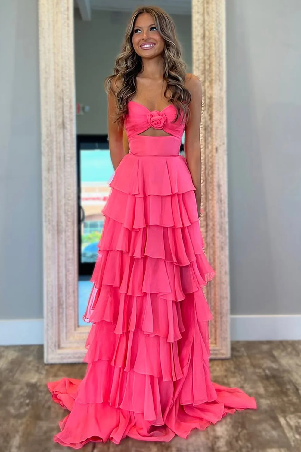 Lovely Pink Strapless A-Line  Long Ruffle Chiffon Skirt Prom Dress with Slit - Image 3