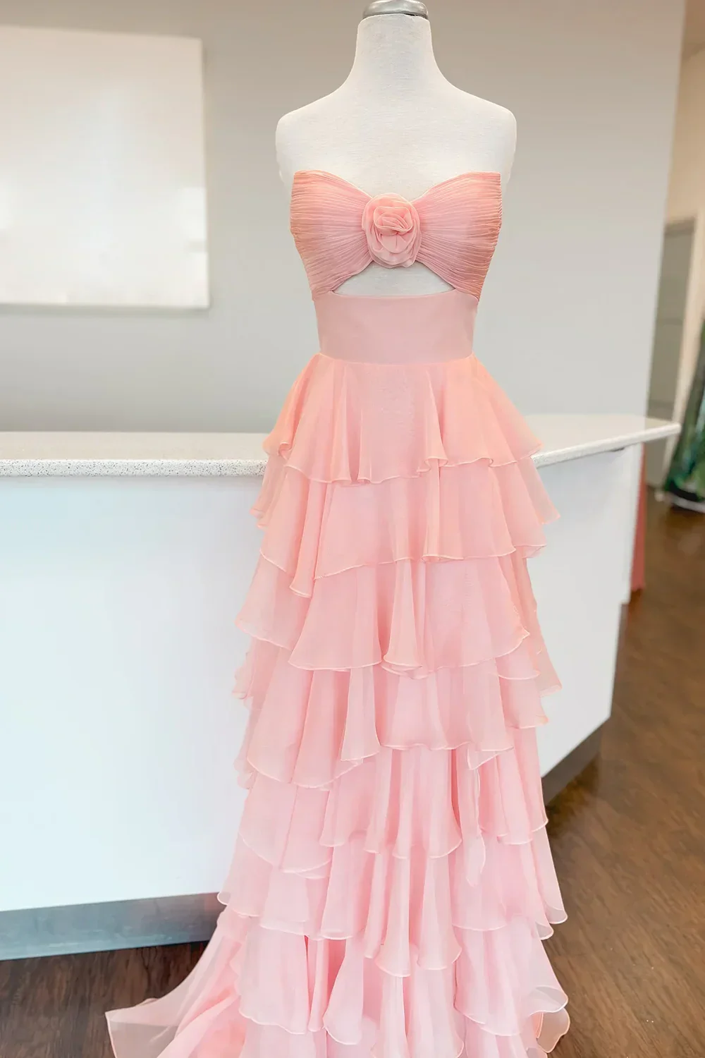 Lovely Pink Strapless A-Line  Long Ruffle Chiffon Skirt Prom Dress with Slit - Image 15