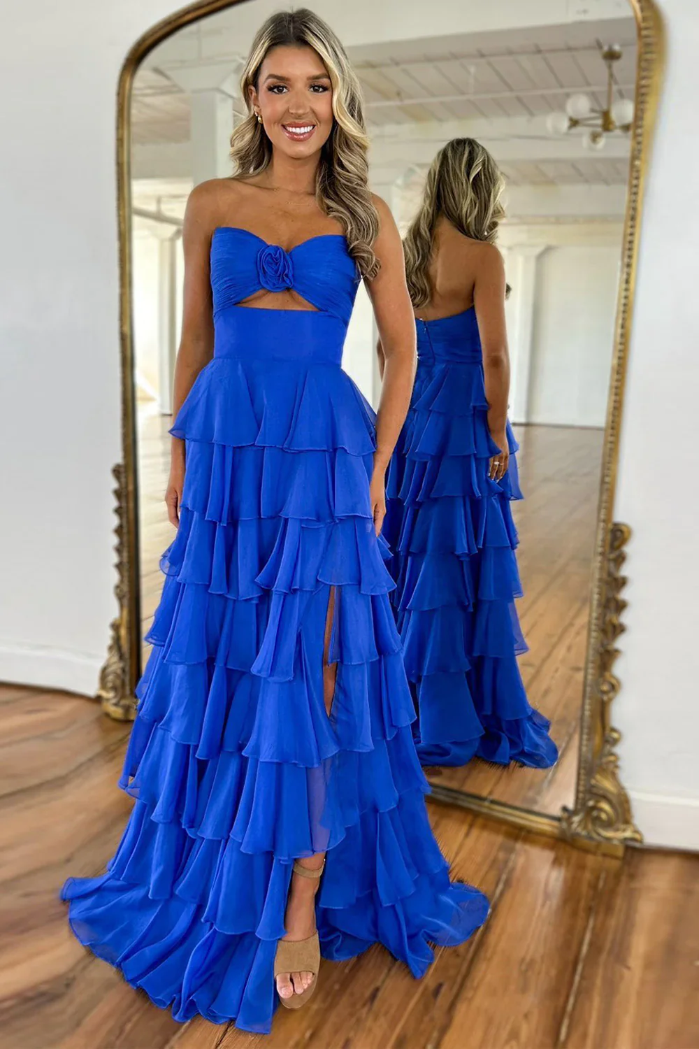 Lovely Pink Strapless A-Line  Long Ruffle Chiffon Skirt Prom Dress with Slit - Image 4