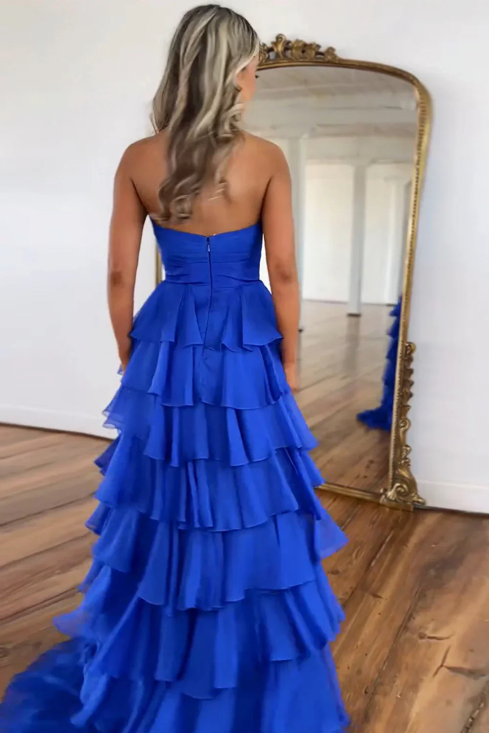Lovely Pink Strapless A-Line  Long Ruffle Chiffon Skirt Prom Dress with Slit - Image 5