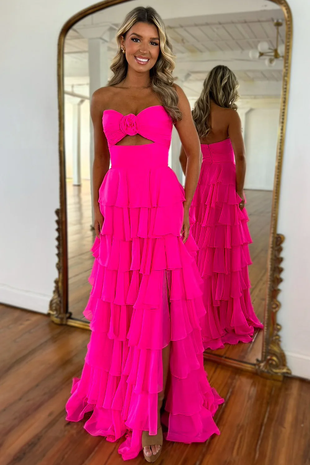 Lovely Pink Strapless A-Line  Long Ruffle Chiffon Skirt Prom Dress with Slit - Image 6
