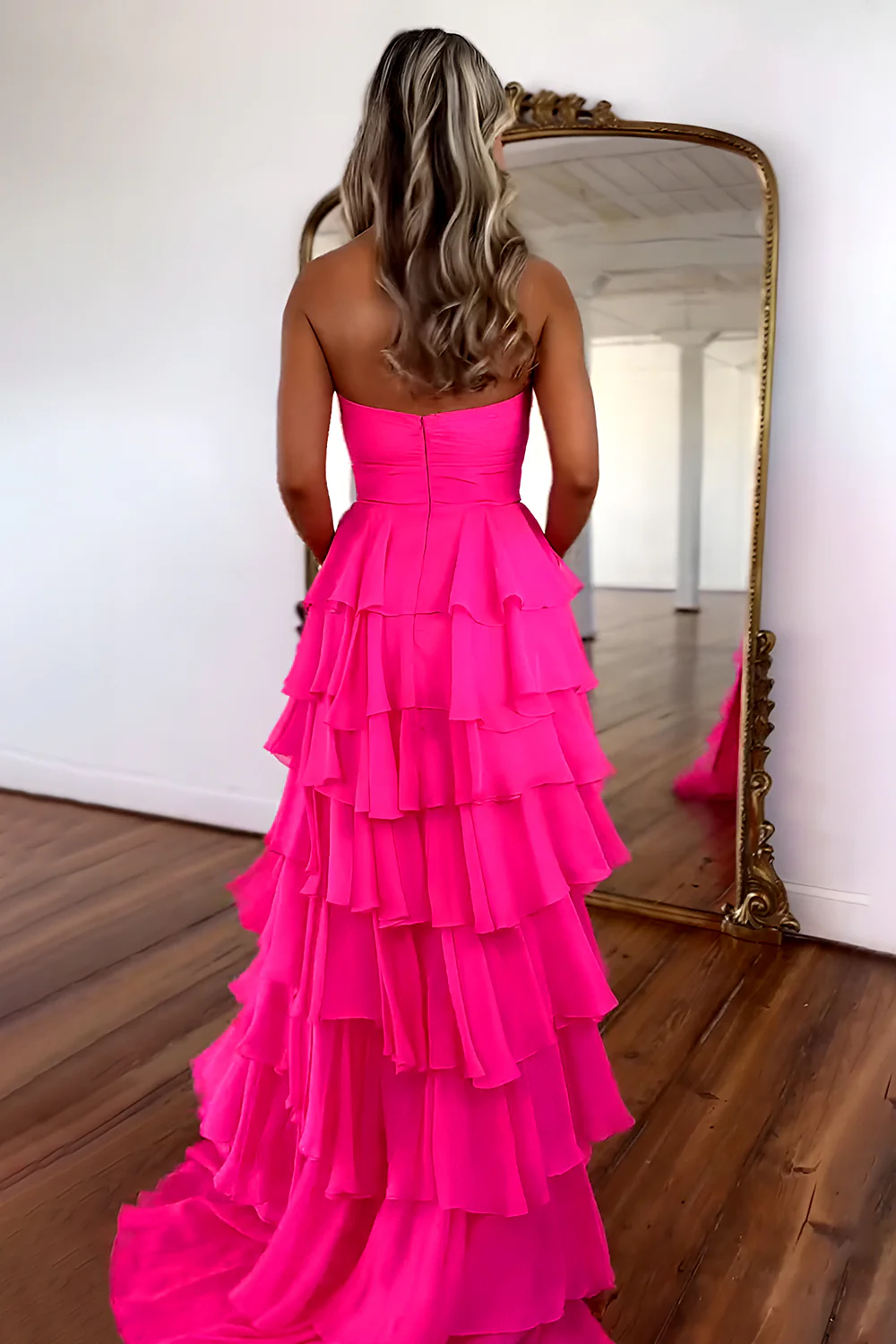 Lovely Pink Strapless A-Line  Long Ruffle Chiffon Skirt Prom Dress with Slit - Image 7
