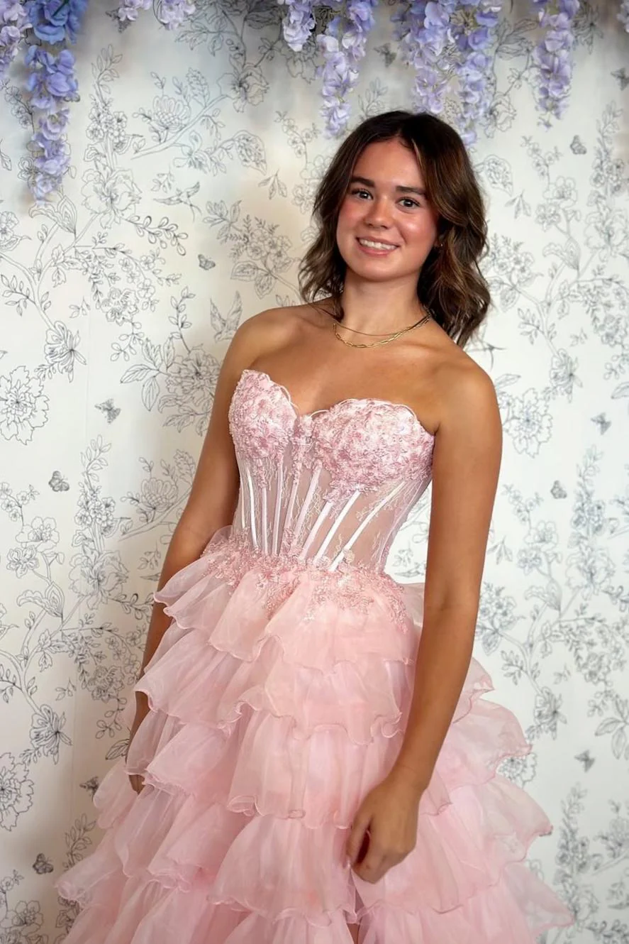 Romantic Blush Pink Sweetheart Corset Tiered Tulle Prom Gown with Slit - Image 3