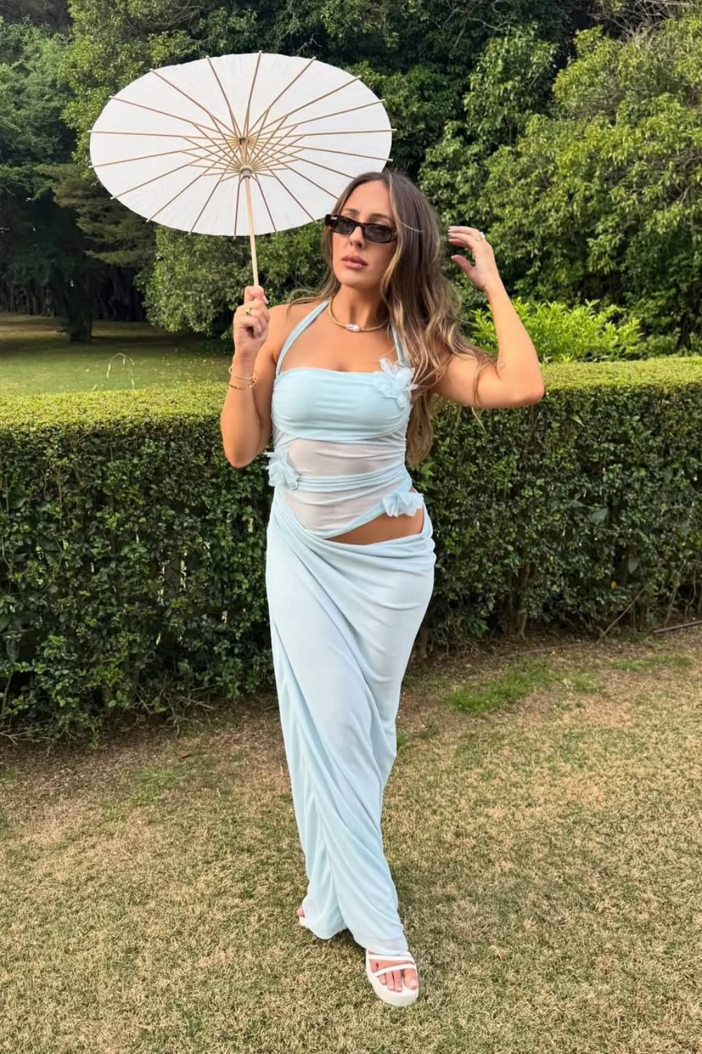 Romantic Light Blue Halter Prom Dress with Sheer Mesh Waist and 3D Flowers - Image 4