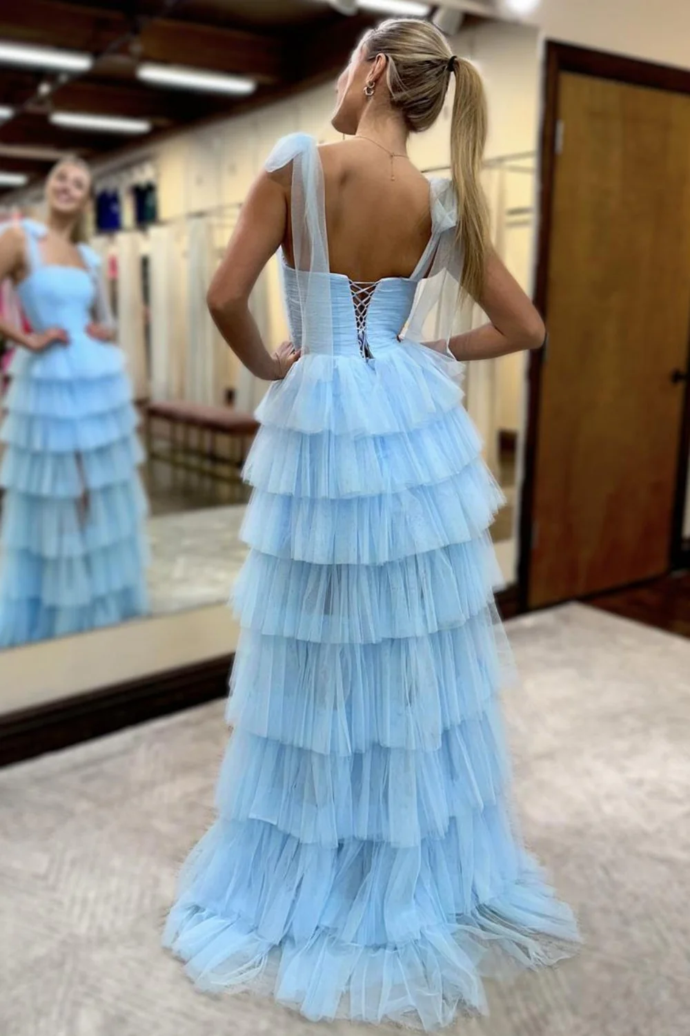 Romantic Light Blue Ruffled Tulle Lace Up Prom Dress with Soft Layers - Image 2