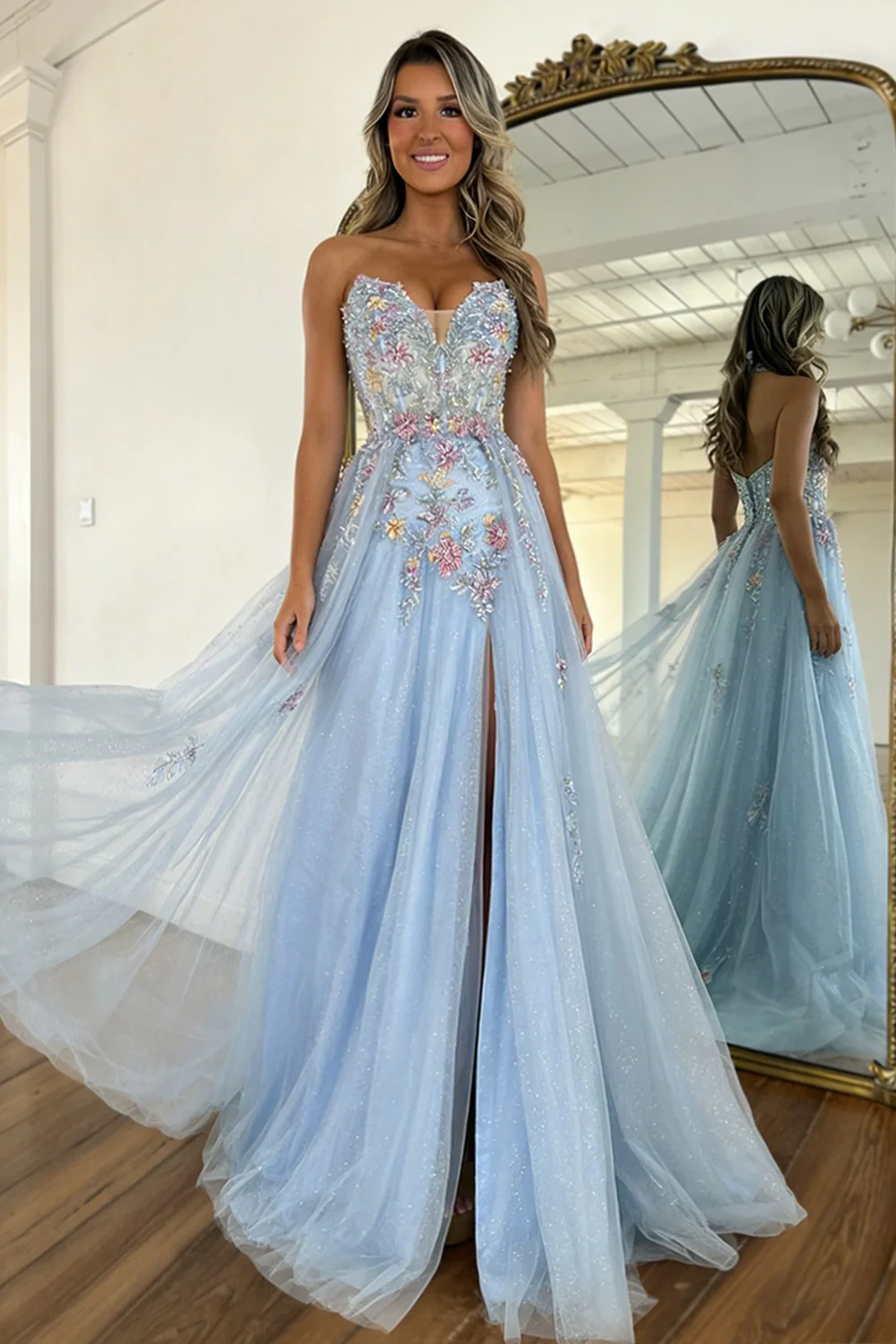 Romantic Light Blue Strapless Floral Appliqué Tulle Prom Dress with Flowing Train - Image 2