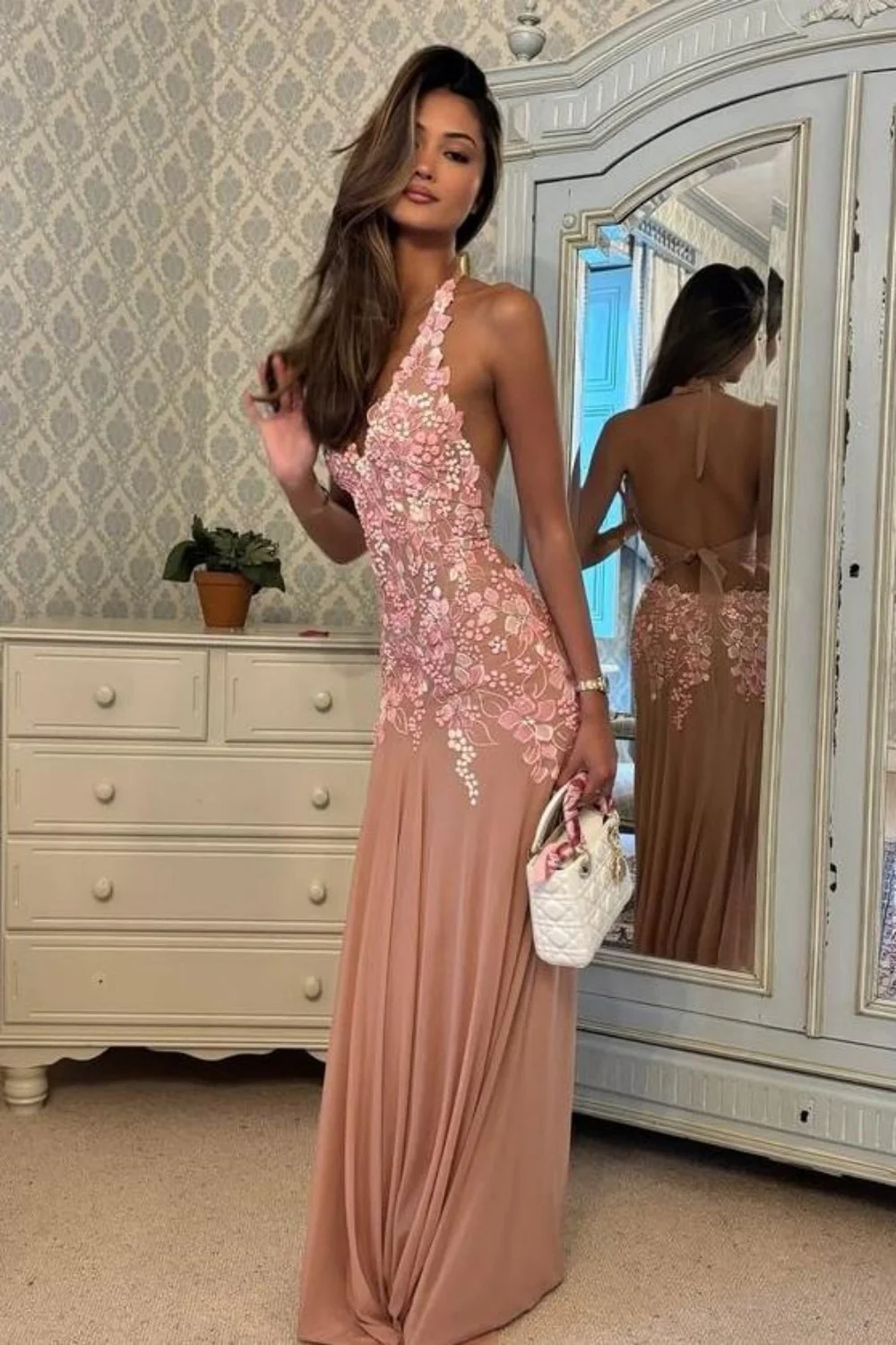 Romantic Pink Halter Neck Tie Back Prom Dress with 3D Floral Lace Appliqué - Image 2