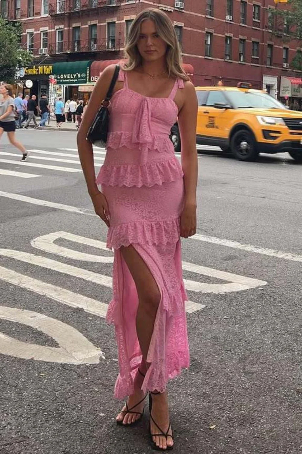 Romantic Pink Lace Prom Dress with Ruffle Tiers and Adjustable Straps - Image 2