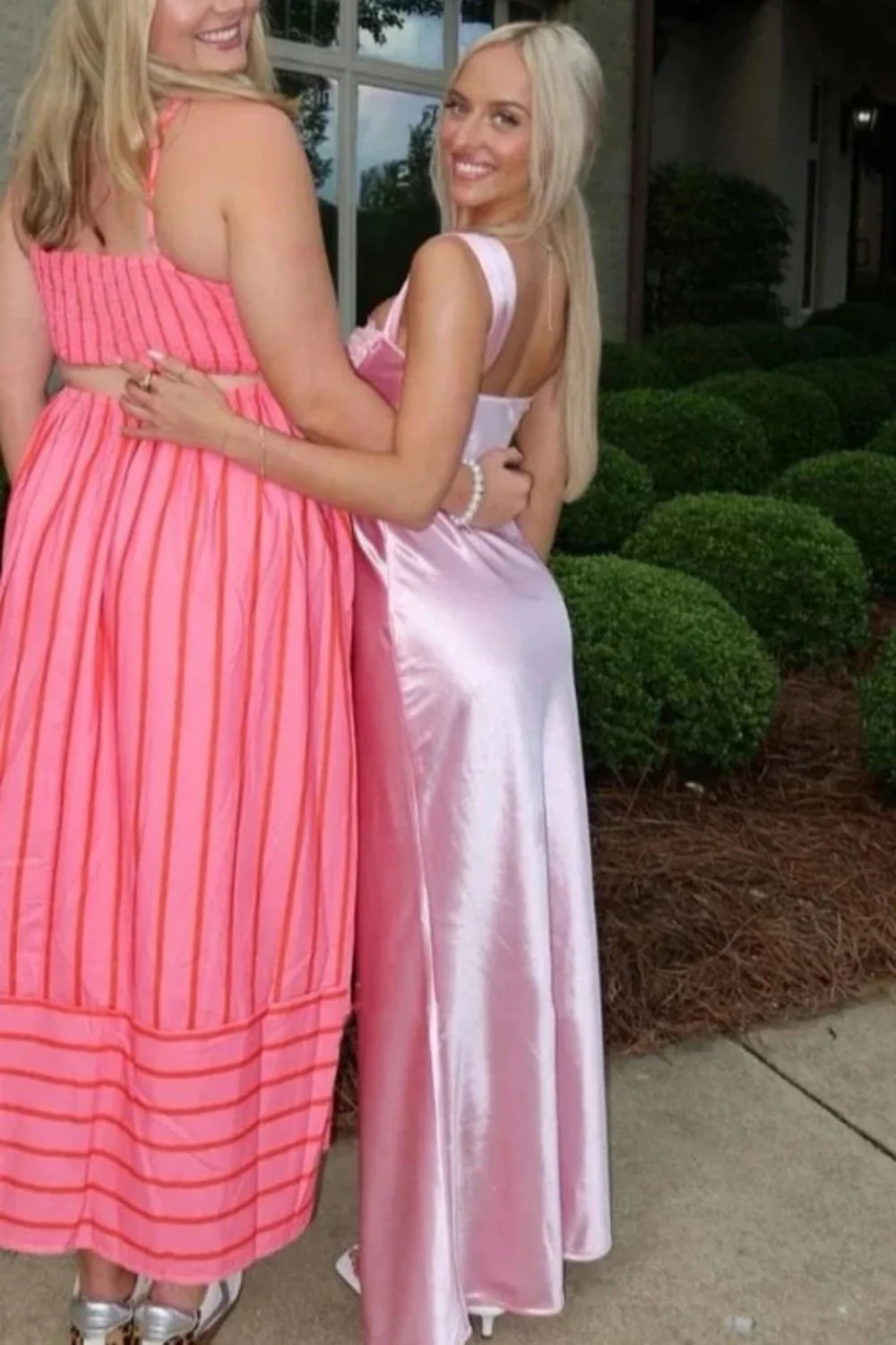 Romantic Pink Satin Long Prom Dress with Vintage Lace Top - Image 2