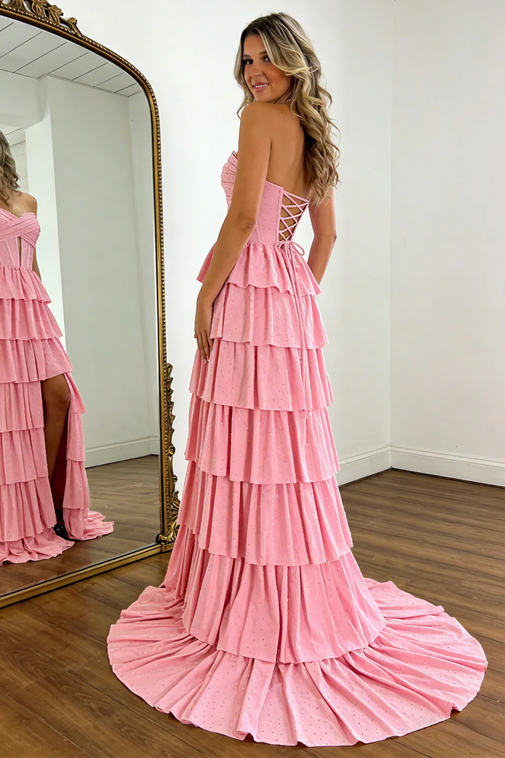 Romantic Pink Sweetheart Glitter Corset Prom Dress with High Slit and Ruffles - Image 2