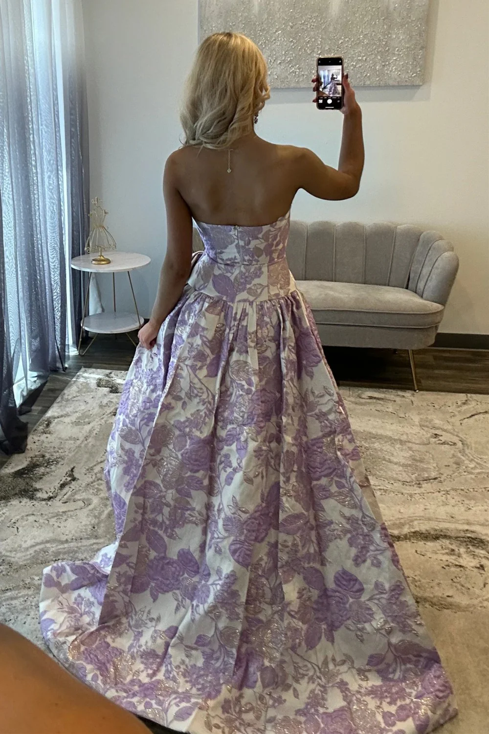 Romantic Purple Floral A-Line Strapless Long Prom Dress with Bow - Image 3