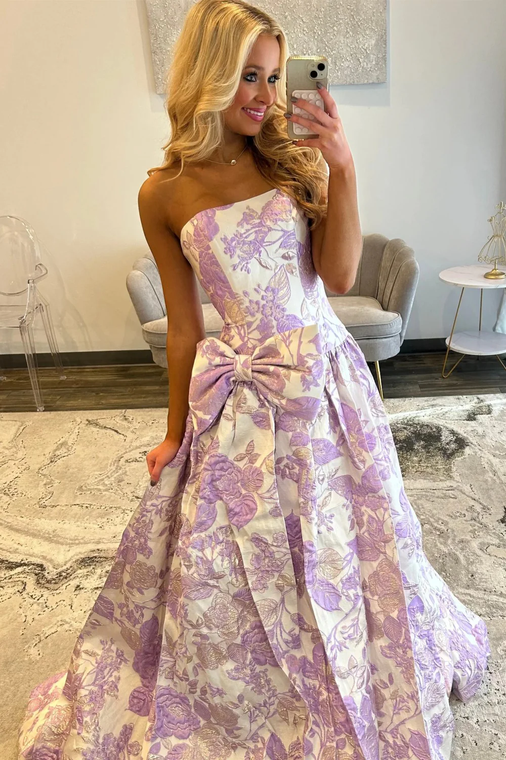 Romantic Purple Floral A-Line Strapless Long Prom Dress with Bow - Image 4