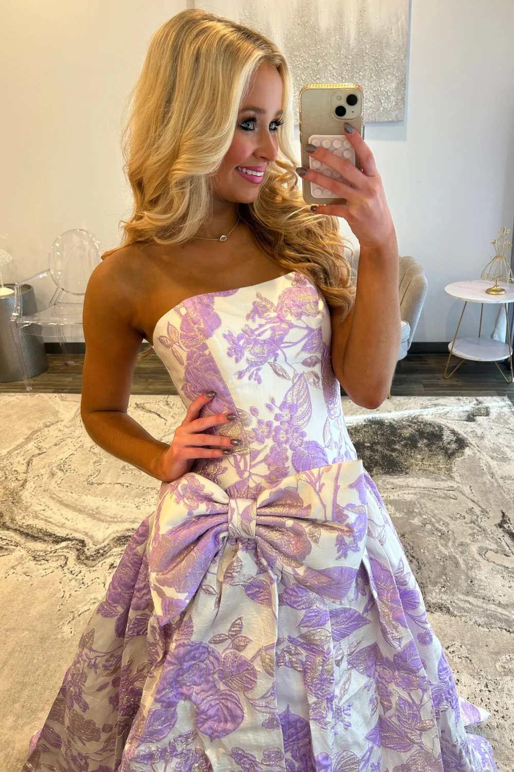Romantic Purple Floral A-Line Strapless Long Prom Dress with Bow - Image 7