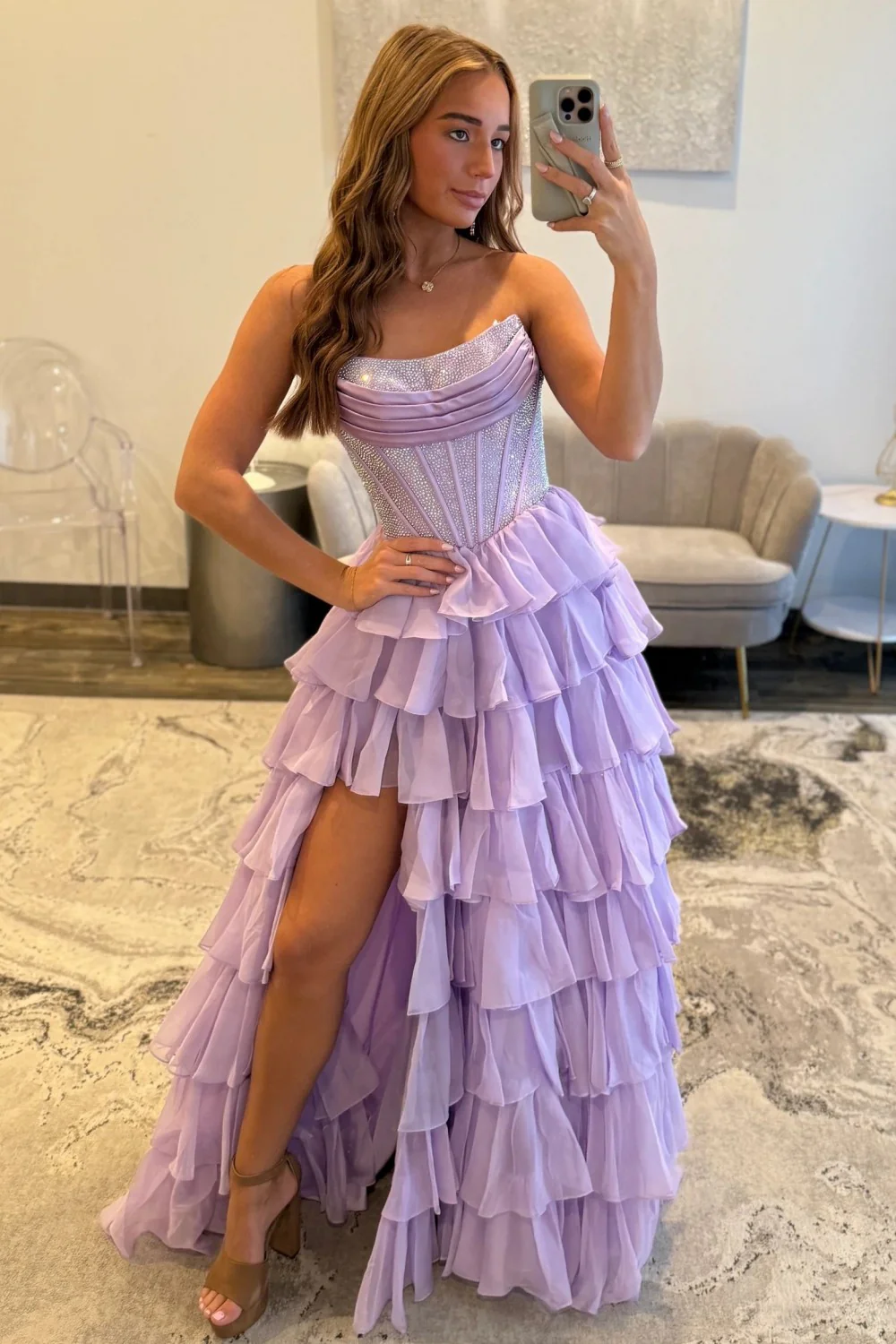 Romantic Red Strapless Tiered Ruffle Prom Dress with Corset Bodice and High Slit - Image 12
