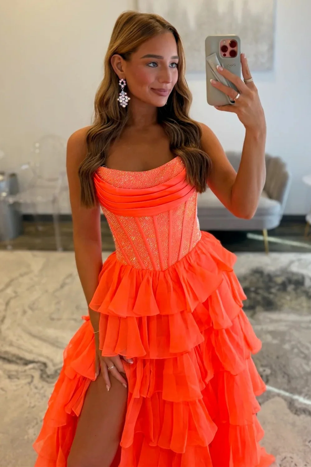 Romantic Red Strapless Tiered Ruffle Prom Dress with Corset Bodice and High Slit - Image 21