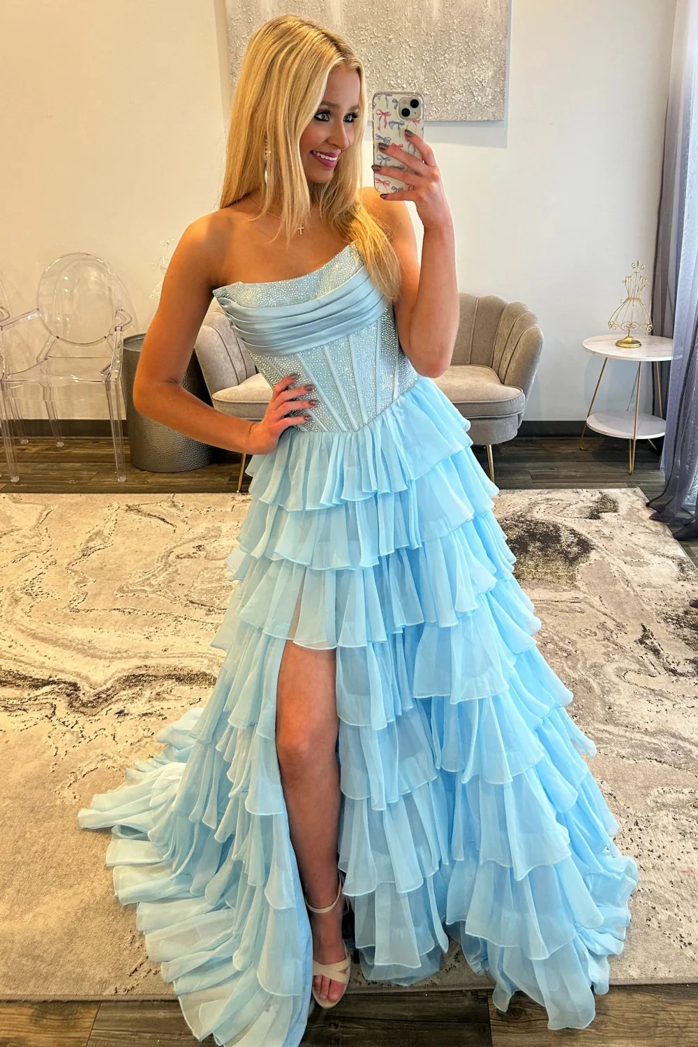 Romantic Red Strapless Tiered Ruffle Prom Dress with Corset Bodice and High Slit - Image 28