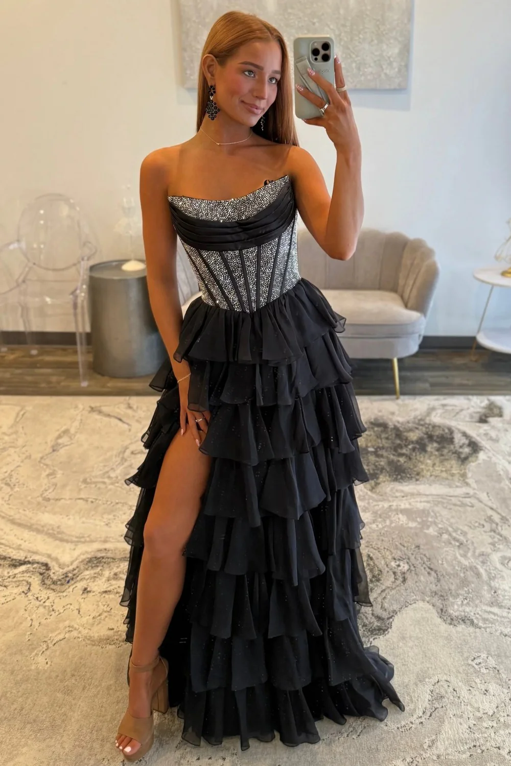 Romantic Red Strapless Tiered Ruffle Prom Dress with Corset Bodice and High Slit - Image 29