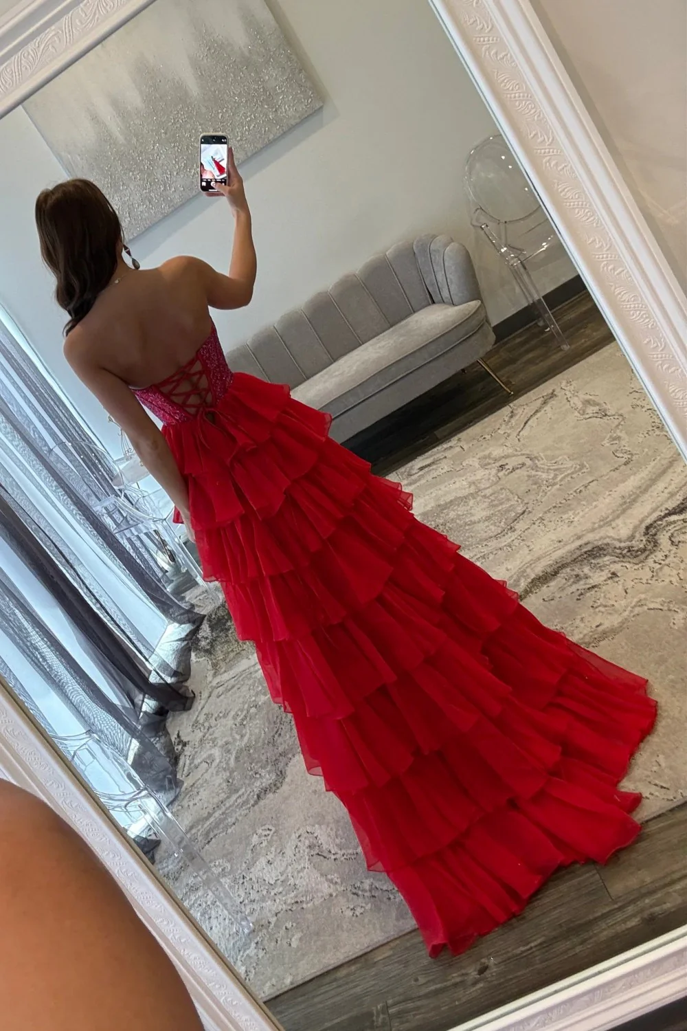 Romantic Red Strapless Tiered Ruffle Prom Dress with Corset Bodice and High Slit - Image 3