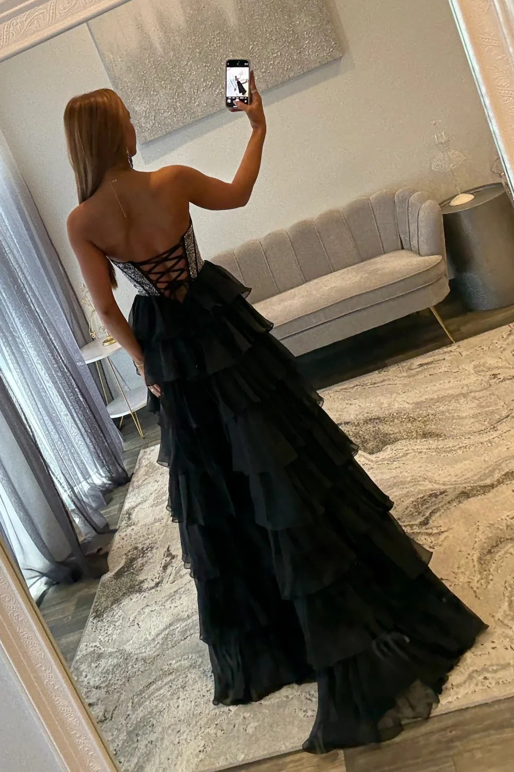 Romantic Red Strapless Tiered Ruffle Prom Dress with Corset Bodice and High Slit - Image 30