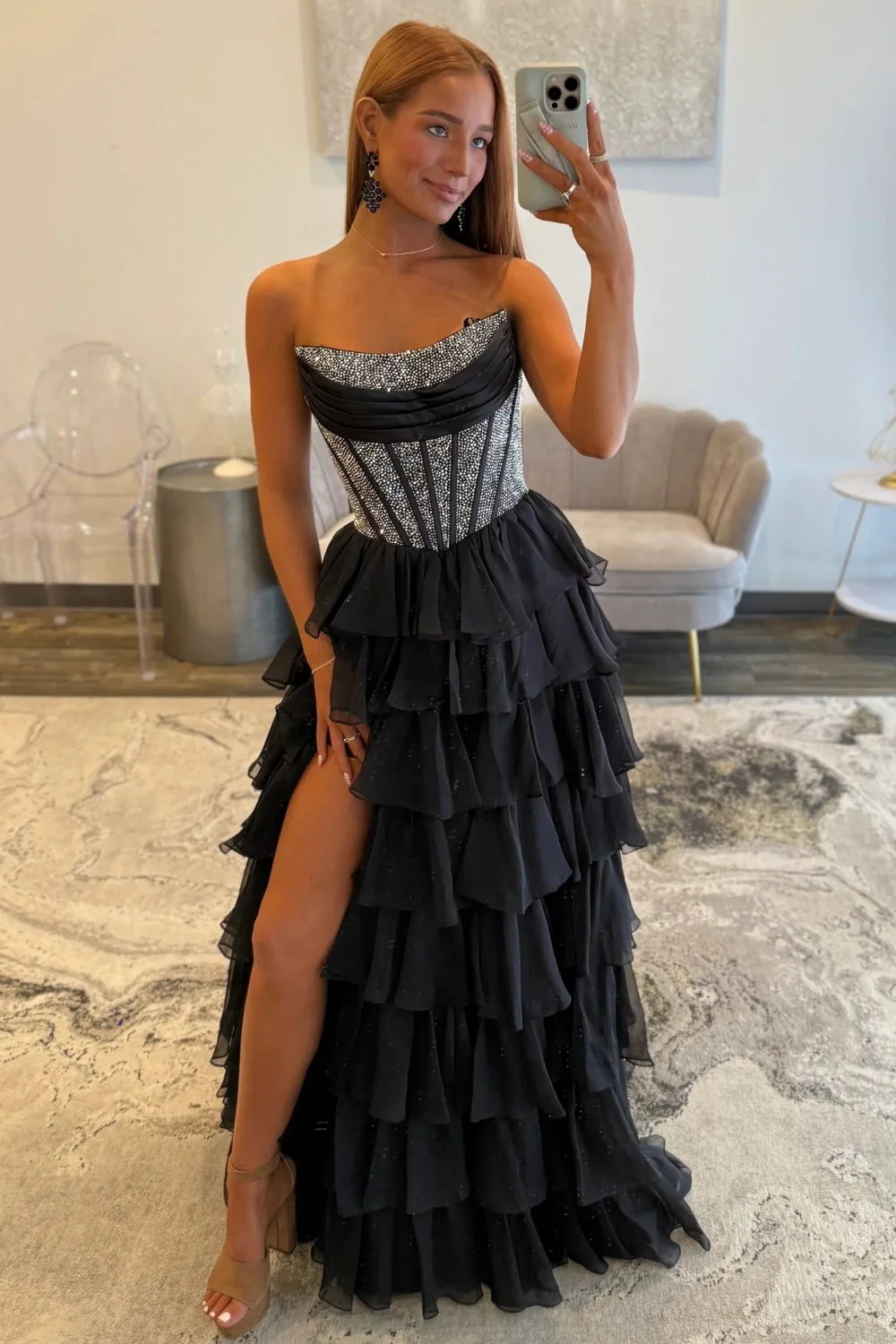Romantic Red Strapless Tiered Ruffle Prom Dress with Corset Bodice and High Slit - Image 33