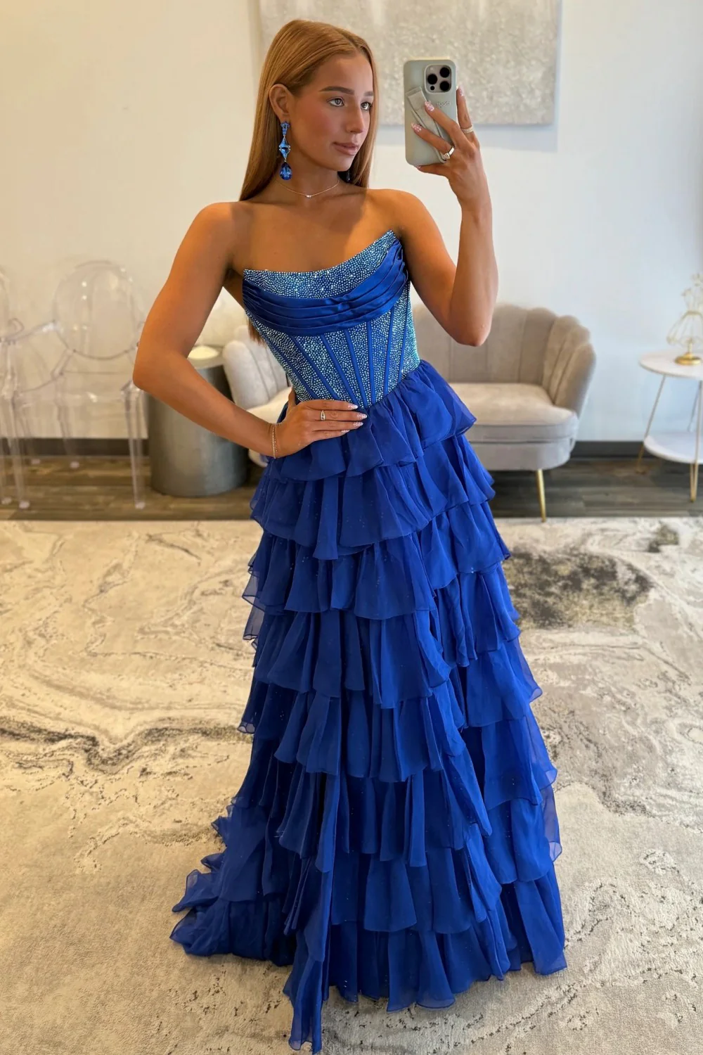 Romantic Red Strapless Tiered Ruffle Prom Dress with Corset Bodice and High Slit - Image 37