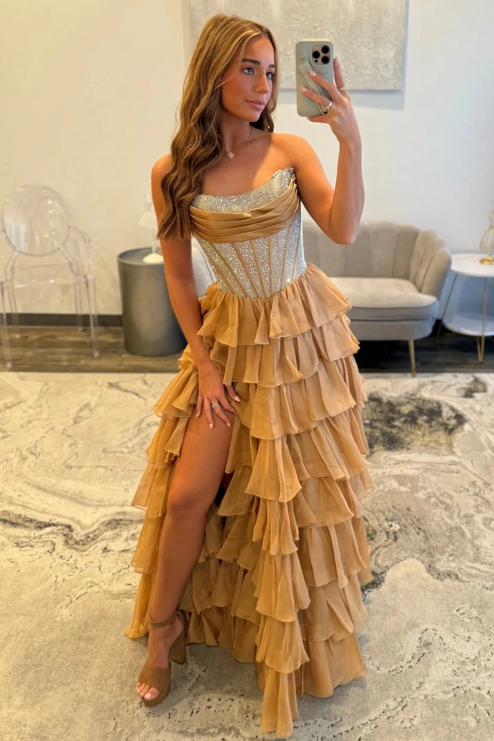 Romantic Red Strapless Tiered Ruffle Prom Dress with Corset Bodice and High Slit - Image 38