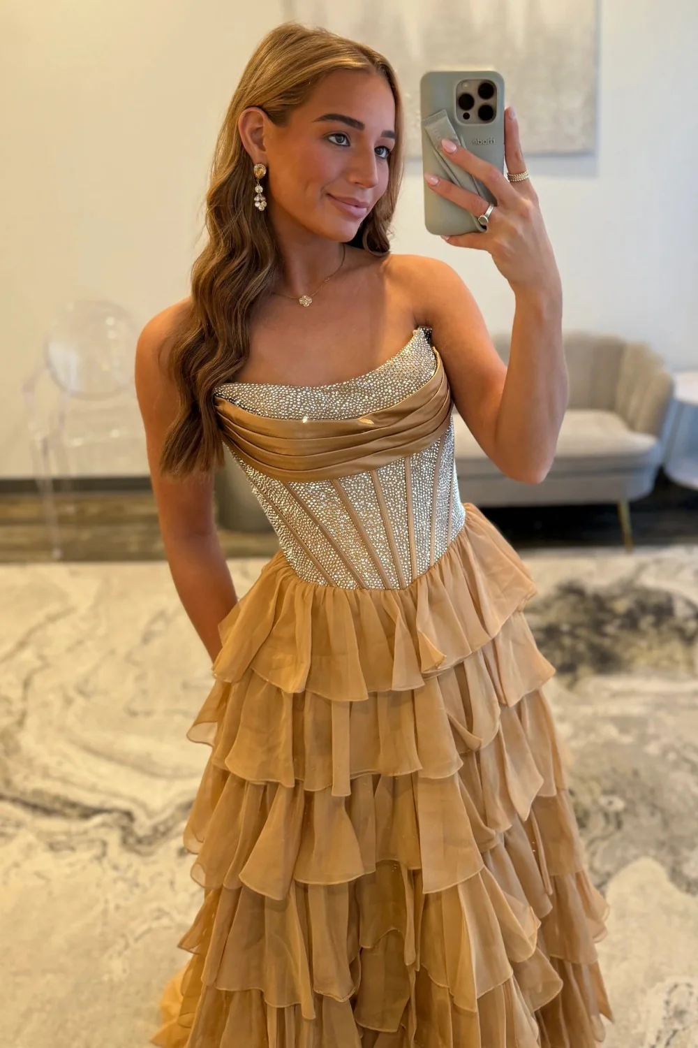 Romantic Red Strapless Tiered Ruffle Prom Dress with Corset Bodice and High Slit - Image 40