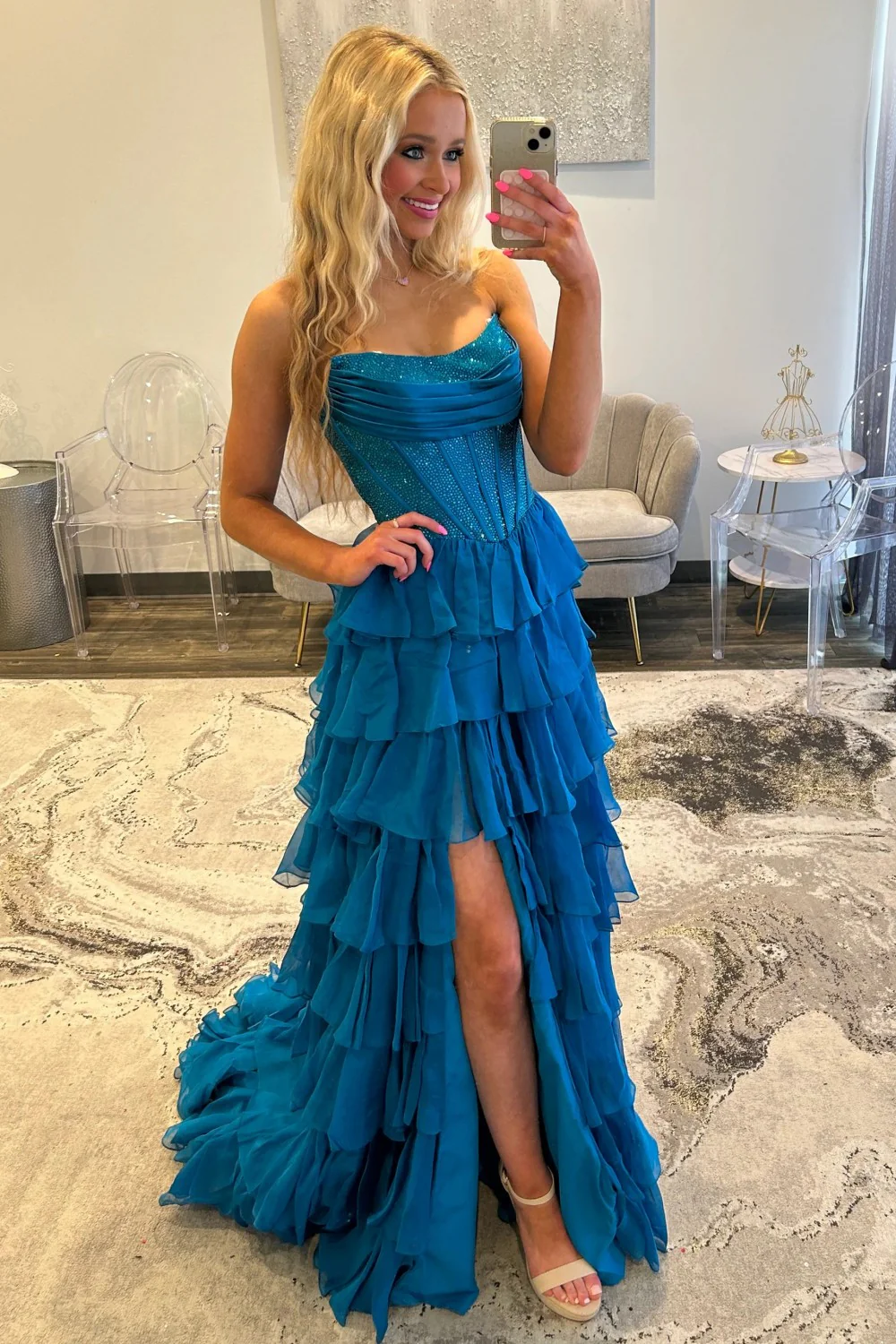 Romantic Red Strapless Tiered Ruffle Prom Dress with Corset Bodice and High Slit - Image 43