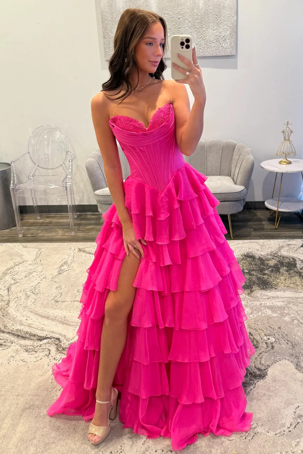 Romantic Yellow Sweetheart Corset Tiered Ruffle Chiffon Ball Gown Prom Dress - Image 10