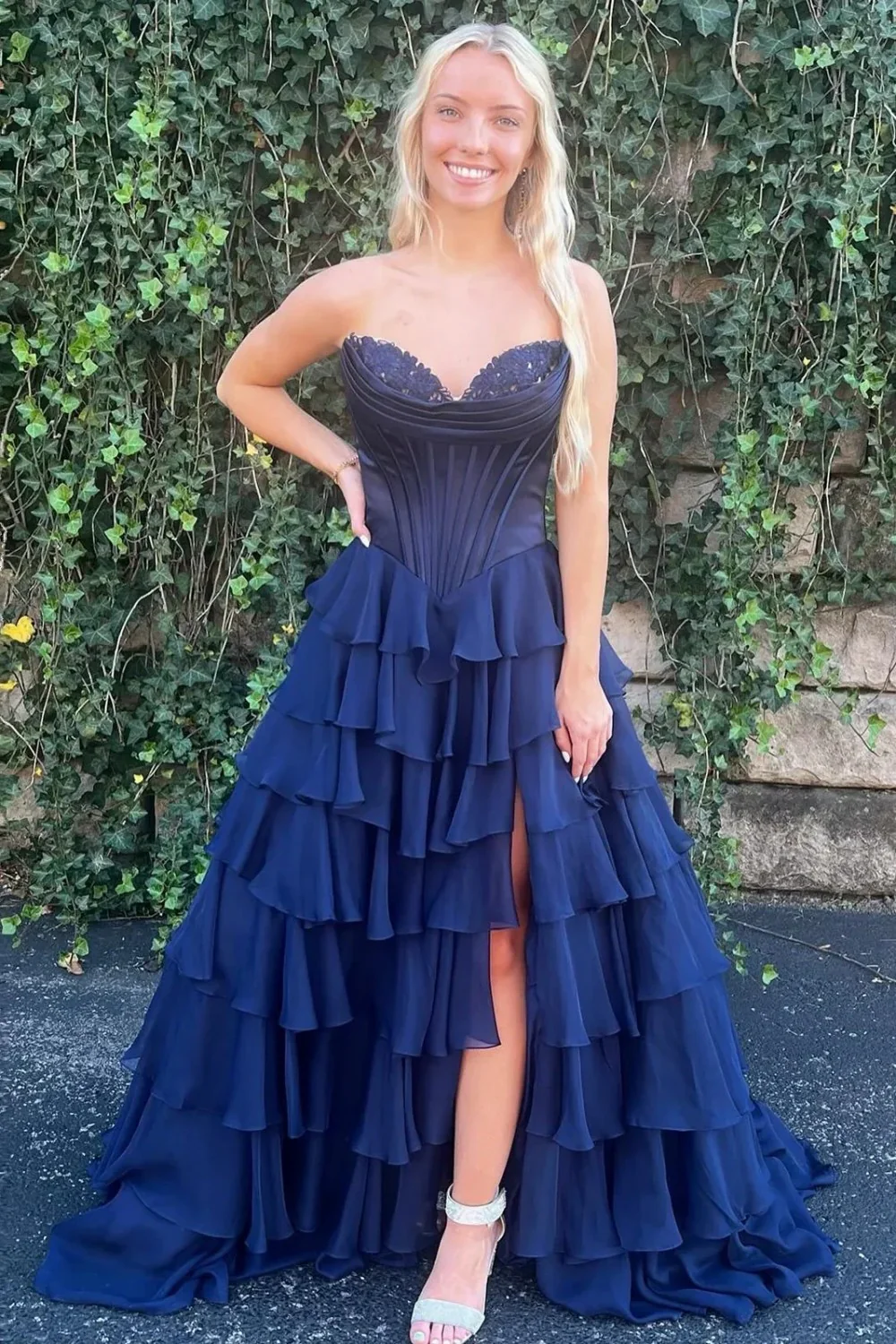 Romantic Yellow Sweetheart Corset Tiered Ruffle Chiffon Ball Gown Prom Dress - Image 17