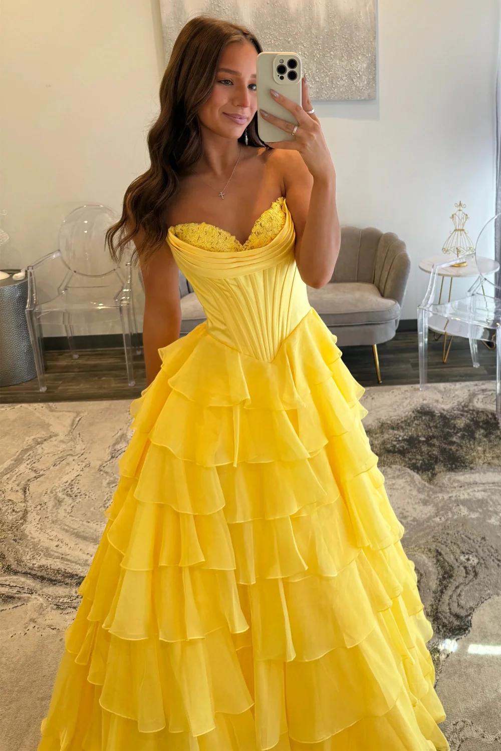 Romantic Yellow Sweetheart Corset Tiered Ruffle Chiffon Ball Gown Prom Dress - Image 2