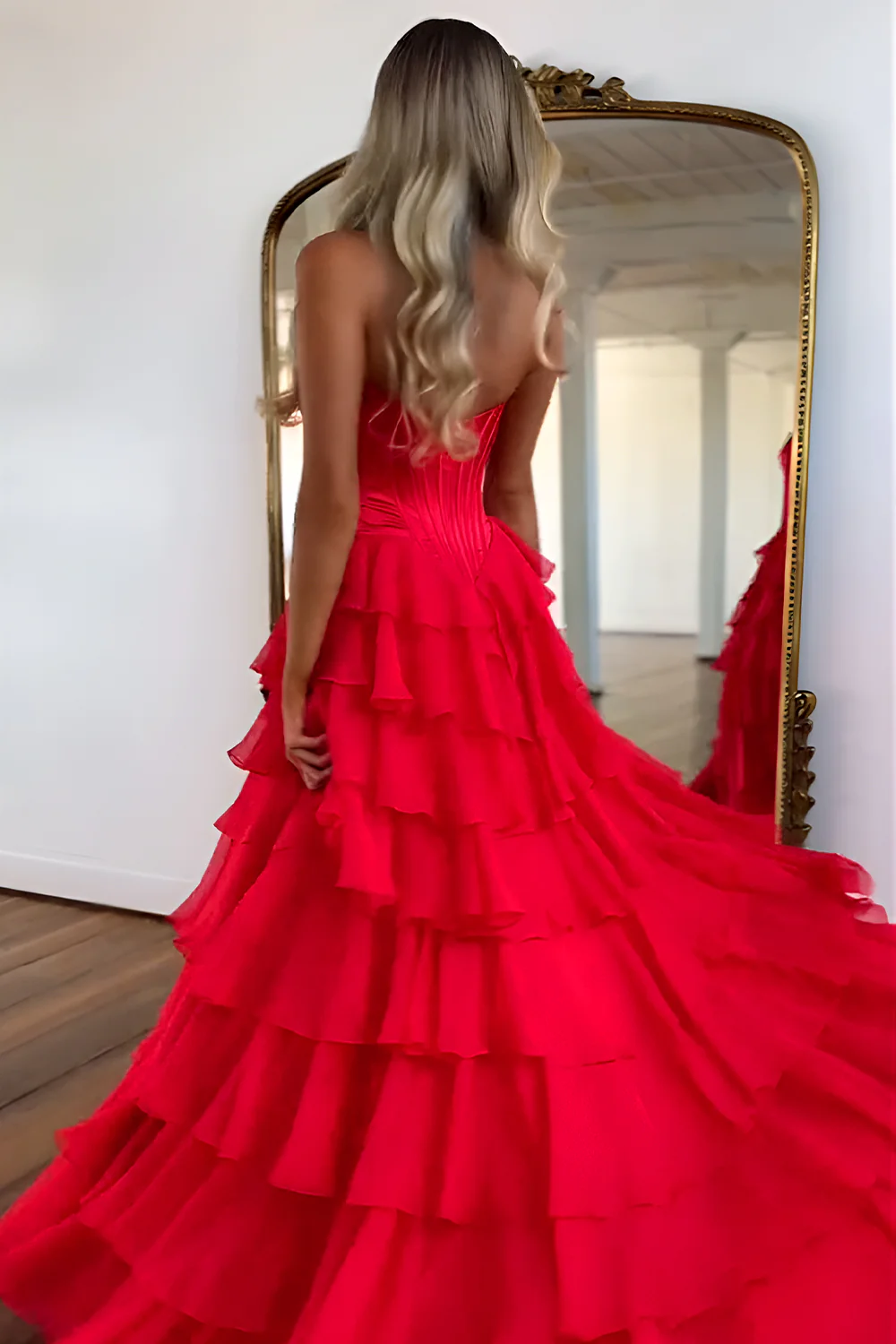 Romantic Yellow Sweetheart Corset Tiered Ruffle Chiffon Ball Gown Prom Dress - Image 21