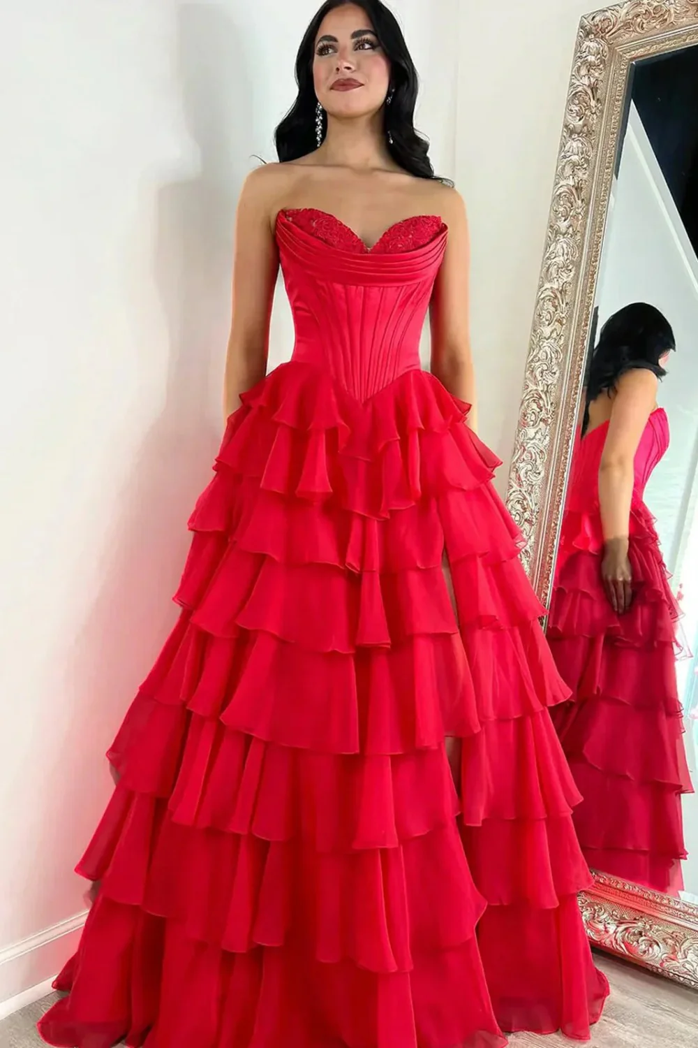 Romantic Yellow Sweetheart Corset Tiered Ruffle Chiffon Ball Gown Prom Dress - Image 22
