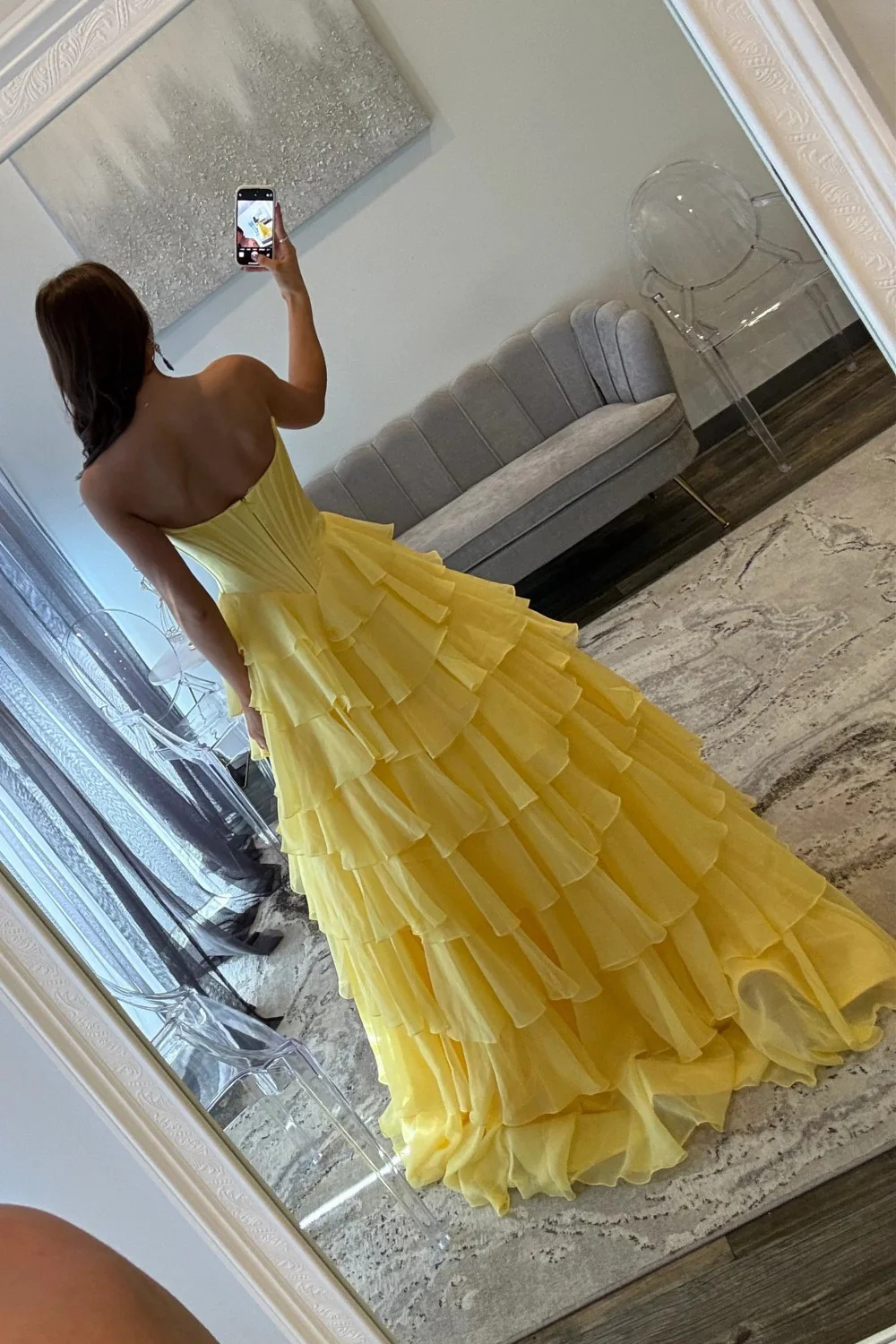 Romantic Yellow Sweetheart Corset Tiered Ruffle Chiffon Ball Gown Prom Dress - Image 3