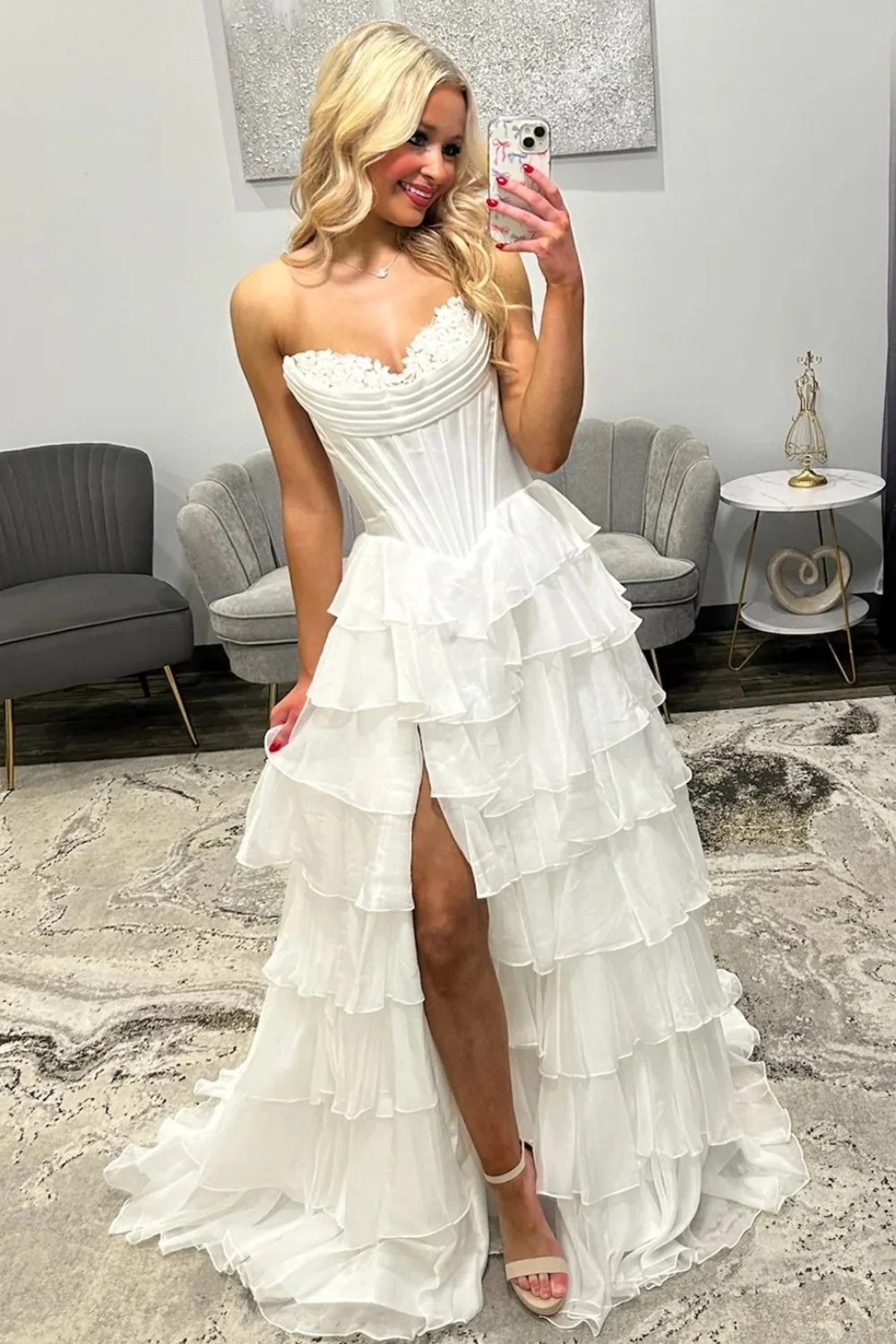 Romantic Yellow Sweetheart Corset Tiered Ruffle Chiffon Ball Gown Prom Dress - Image 35